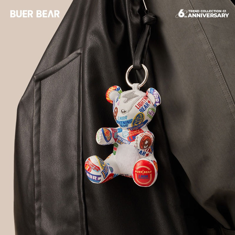 Buer "Boole Bear 6th Anniversary Blind Box - Collector's Series 1 | PU Leather Figure Keychain, Bag & Car Charm" series art toy figures in a lifestyle display scene: 