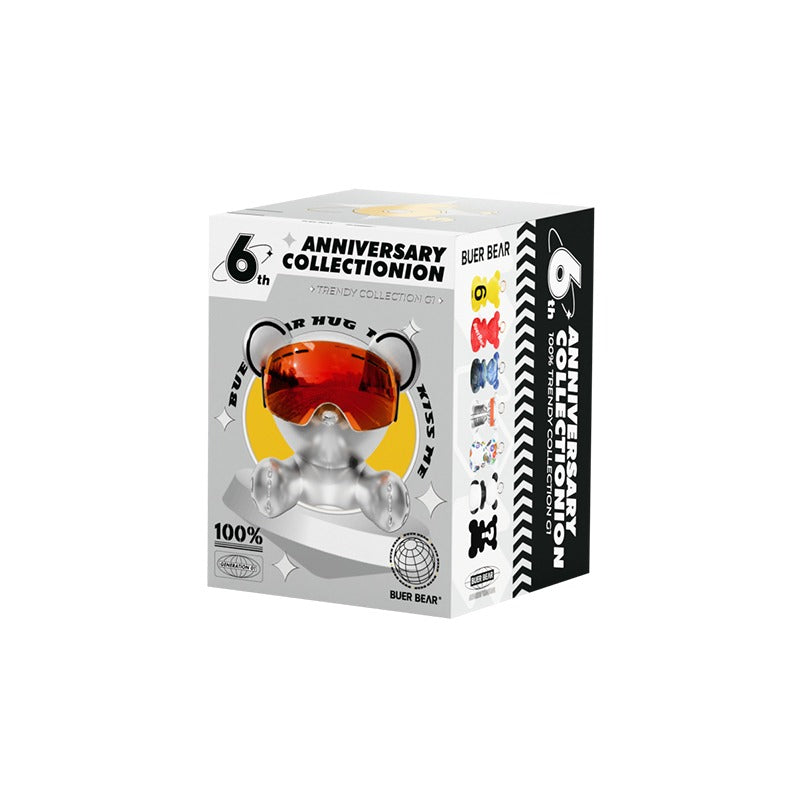 Individual blind box packaging for the Buer "Boole Bear 6th Anniversary Blind Box - Collector's Series 1 | PU Leather Figure Keychain, Bag & Car Charm" art toy series.