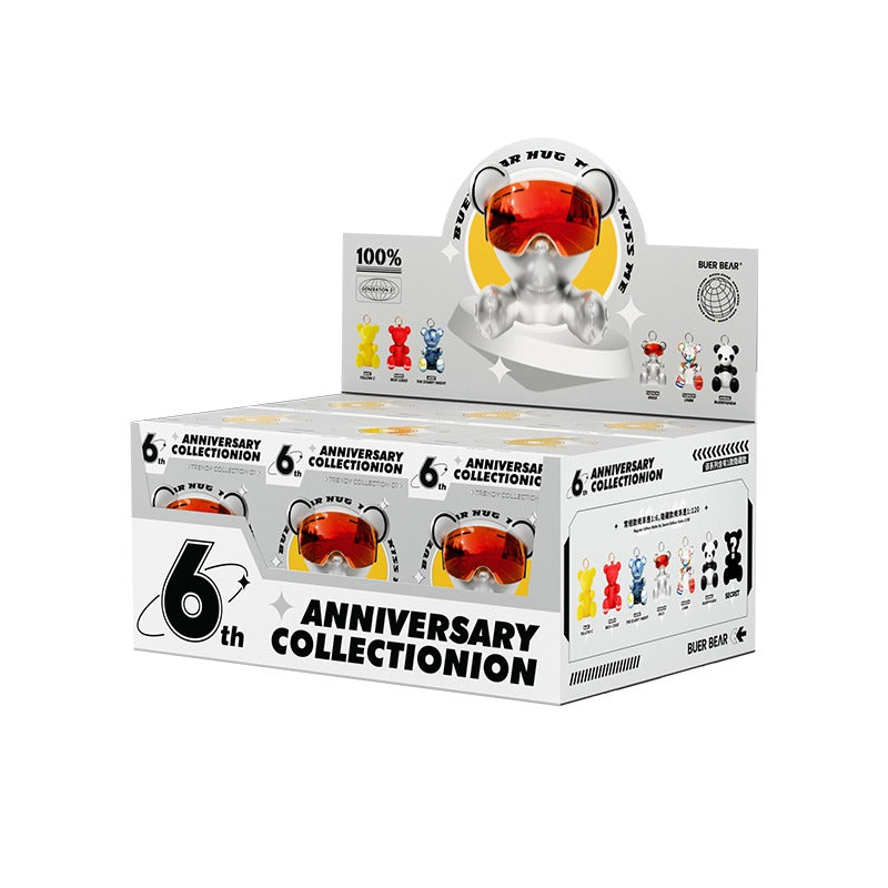 Full retail display case for the Buer "Boole Bear 6th Anniversary Blind Box - Collector's Series 1 | PU Leather Figure Keychain, Bag & Car Charm" series, containing multiple blind boxes.