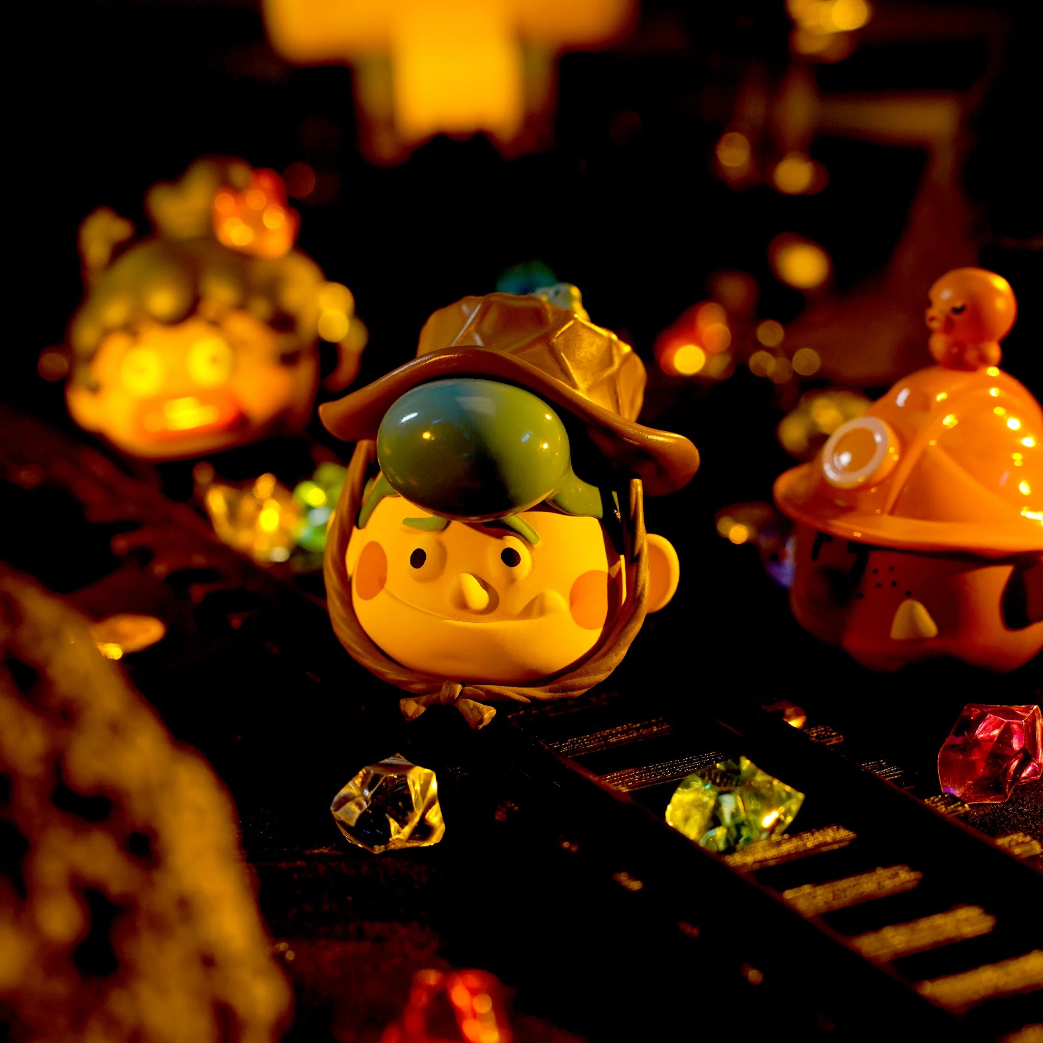 Spring House "Ugly-Cute Family:Wave 6 -Exavation GodGold" series art toy figures in a lifestyle display scene3 